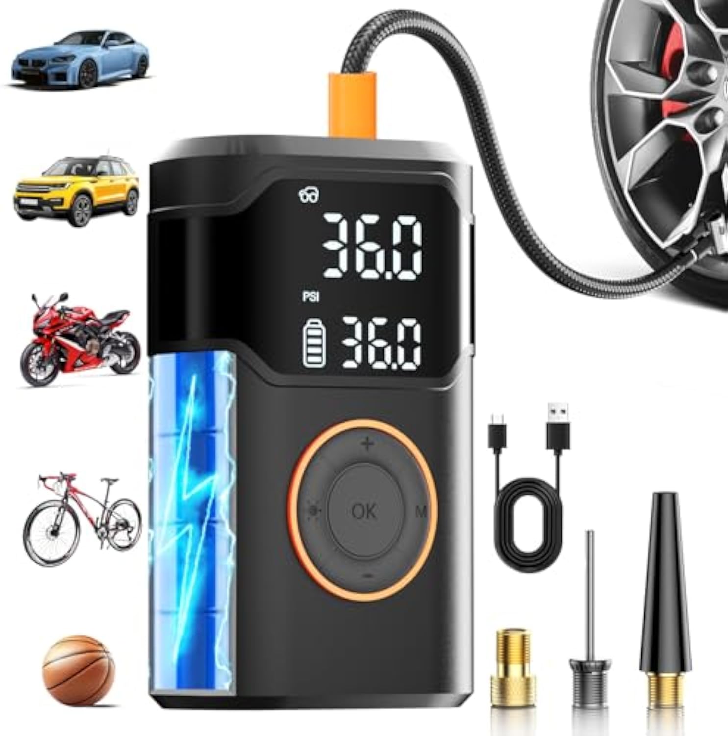 Air Compressor Portable - Automatyczny, ładowalny, elektryczny, mini, cyfrowy, bezprzewodowy,